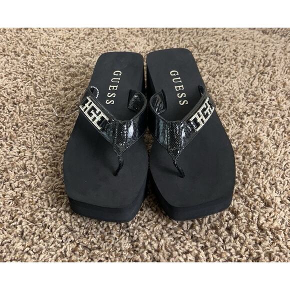GUESS Platform Flip Flop Wedge Sandals 9M Black Logo Rhinestone Thong Women - Picture 4 of 7